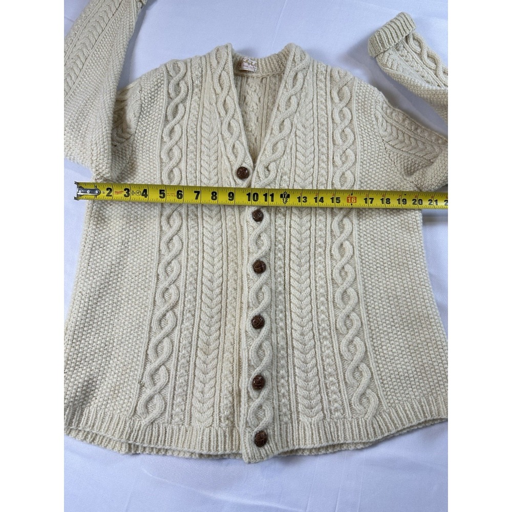 Handmade Vtg Cable Knit Cardigan Sweater Womens Sz Medium Grandma Knitting Ivory - Picture 8 of 10